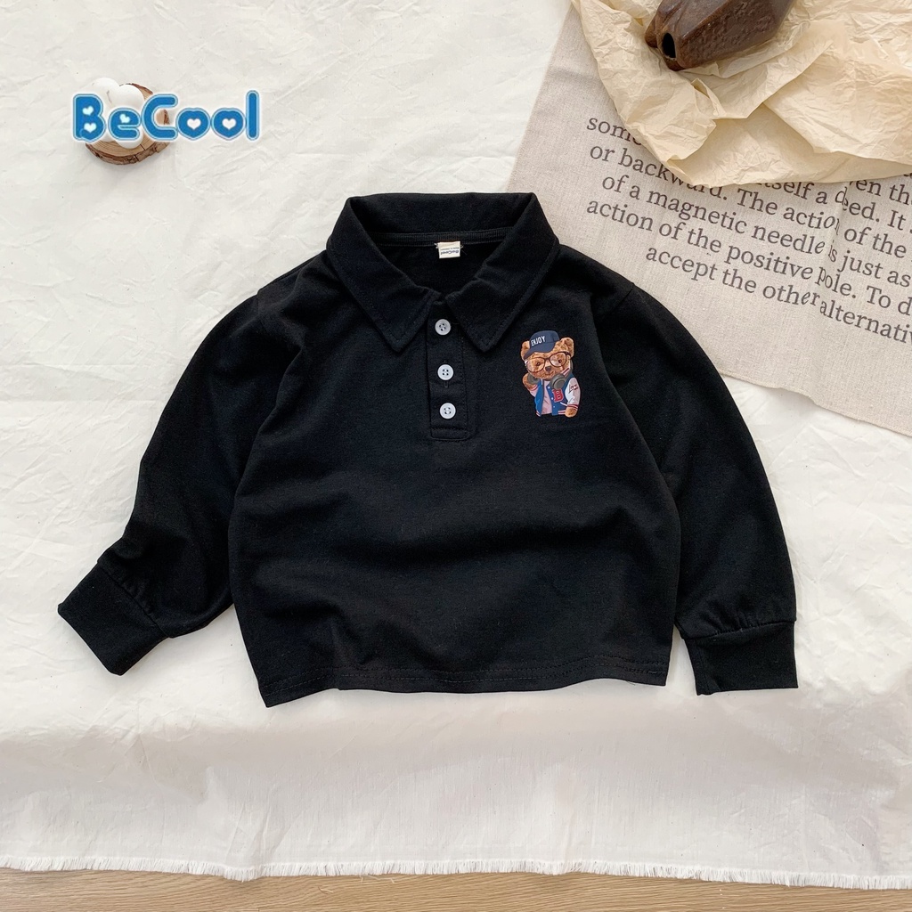 Áo Polo Cổ Bẻ In Hình Chú Gấu Cho Bé Chất Cotton Khô Cao Cấp BeCool, Áo Dài Tay Thu Đông Cho Bé Từ 10-27kg