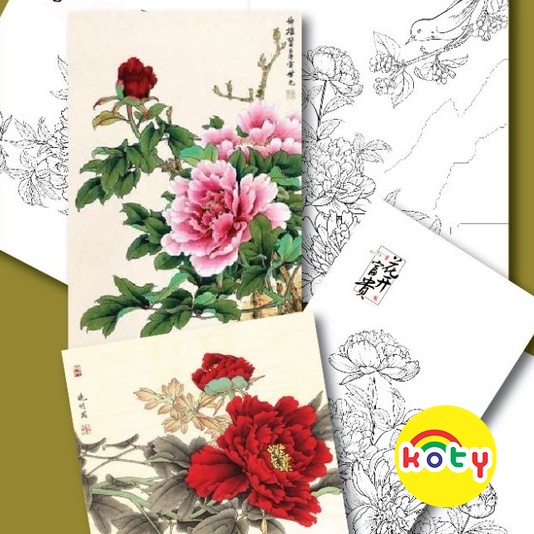 Line art tranh tô màu nước chủ để hoa mẫu đơn cổ combo 10 tranh