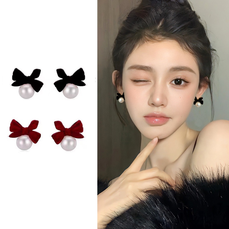 Deartiara Bông Tai Nơ Nhung Đen Đính Ngọc Trai Giả Thời Trang Sang Trọng