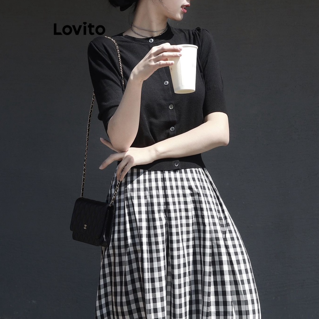 Chân váy Lovito phối túi kẻ sọc caro thanh lịch cho nữ LNA27104 (Màu đen và trắng)