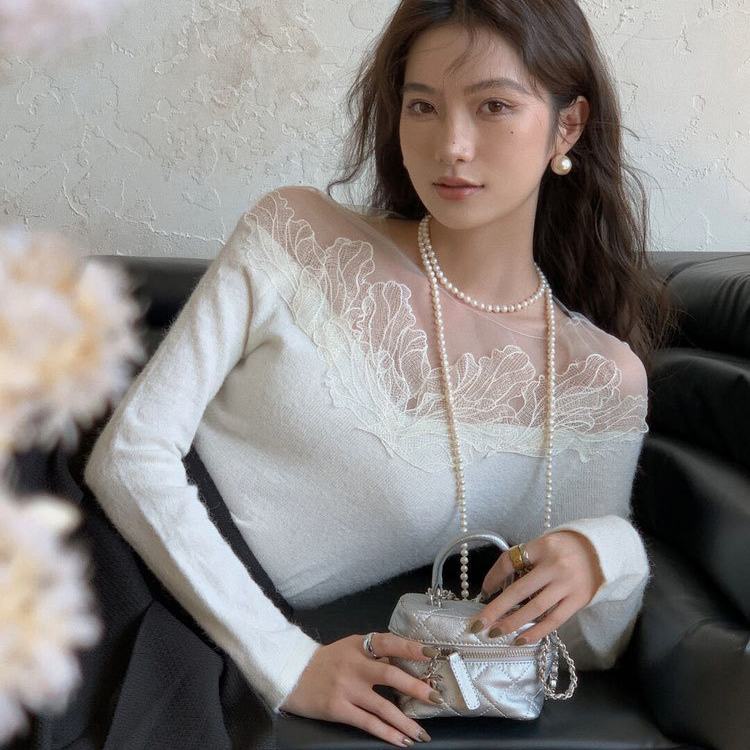 Áo Kiểu Tay Dài Trễ Vai Phối Ren Lưới Phong Cách Pháp