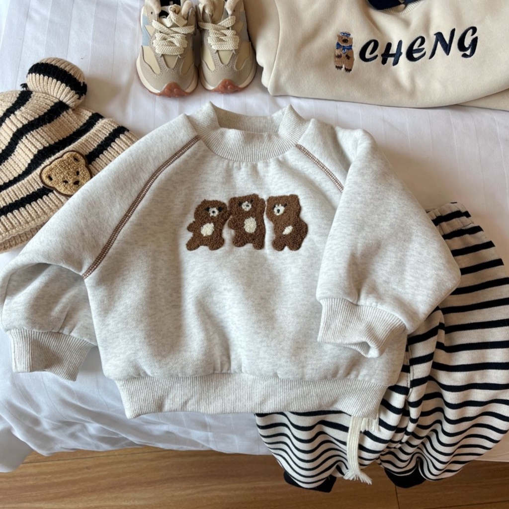 Áo Nỉ Tay Dài Cổ Tròn In Hình Gấu Hoạt Hình Phong Cách Hàn Quốc Dễ Phối Đồ Thời Trang Thu Đông Cho Bé Gái