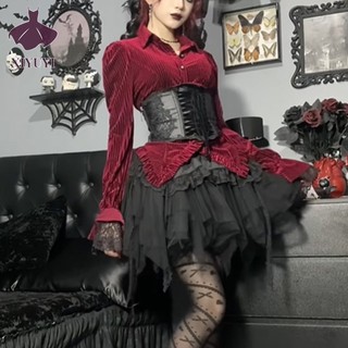 Áo sơ mi tay dài kẻ sọc đen đỏ phong cách gothic