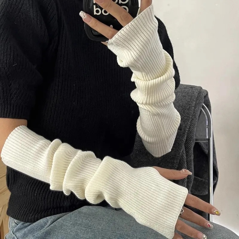 Y2k Găng Tay Dài Dệt Kim Dày Giữ Ấm Cánh Tay Màu Trơn Phong Cách gothic Cho Nữ