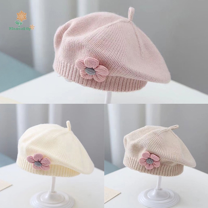 Mũ Nồi Dệt Kim Màu Trơn Đính Hoa lily Kiểu Hàn Quốc Thời Trang Mùa Đông Ấm Áp Cho Bé Gái