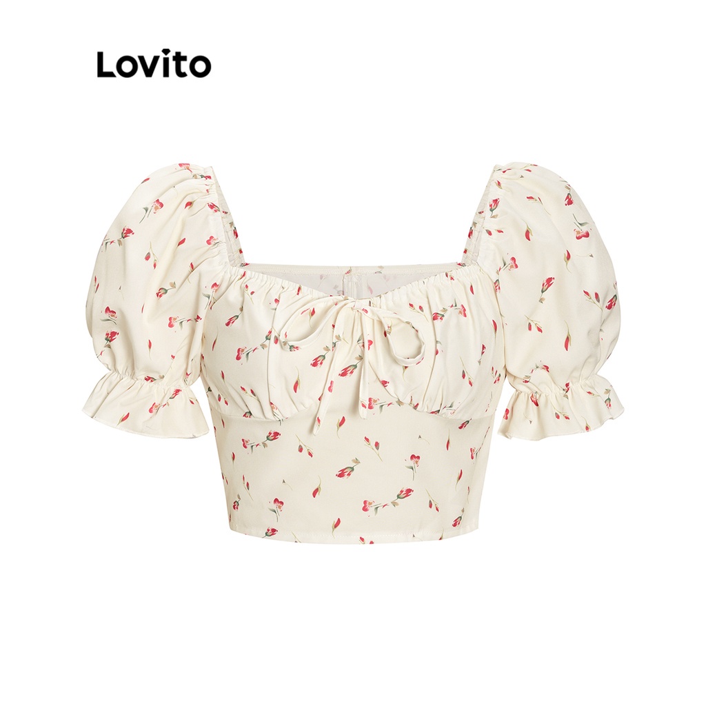 Áo kiểu croptop Lovito tay ngắn họa tiết hoa nhí viền nhún bèo cột dây phía trước dễ thương cho nữ L53AD006 (trắng ngà)