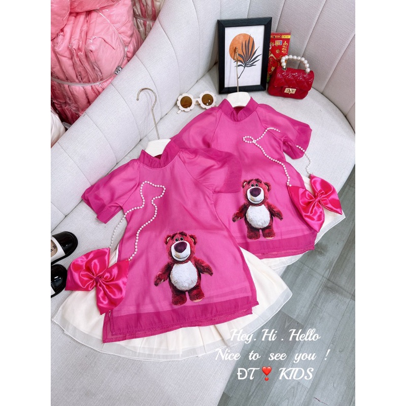 Áo dài cách tân bé gái, áo dài Tết gấu dâu kèm dây ngọc nơ cho bé gái