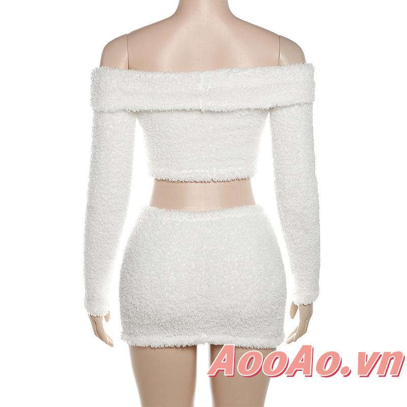 Set Áo Croptop Trễ Vai Tay Dài + Chân Váy Ngắn 2 Dây Màu Trơn Thời Trang Cho Nữ