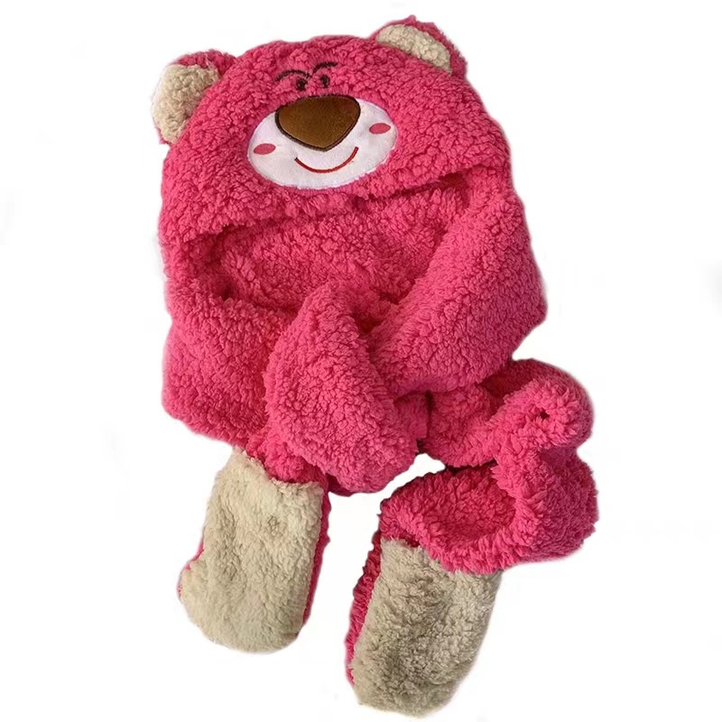 Nurgaz set Mũ Đi Xe Đạp Ngoài Trời + Khăn Choàng + Găng Tay + Mũ Lông Giữ Ấm Hình Gấu / Dâu Tây Dễ Thương Cho Nữ