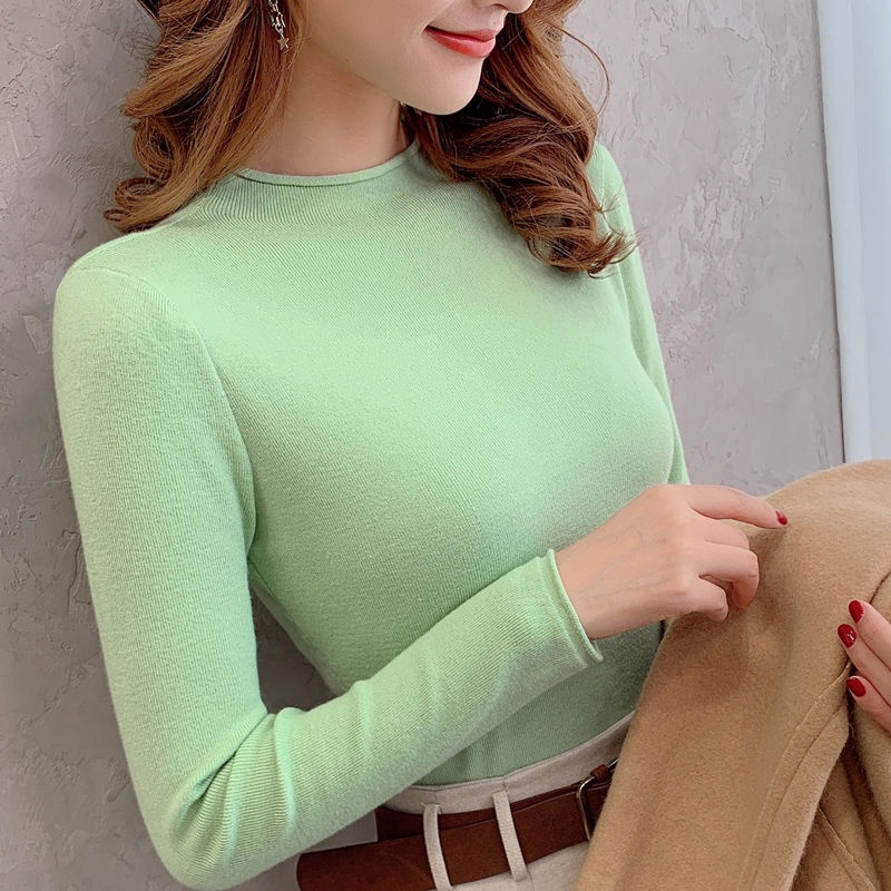 Áo sweater Tay Dài Dáng Ôm Lõi Sợi Bơ Màu Xanh Lá Mùa Thu Phong Cách Mới Dành Cho Bạn Nữ