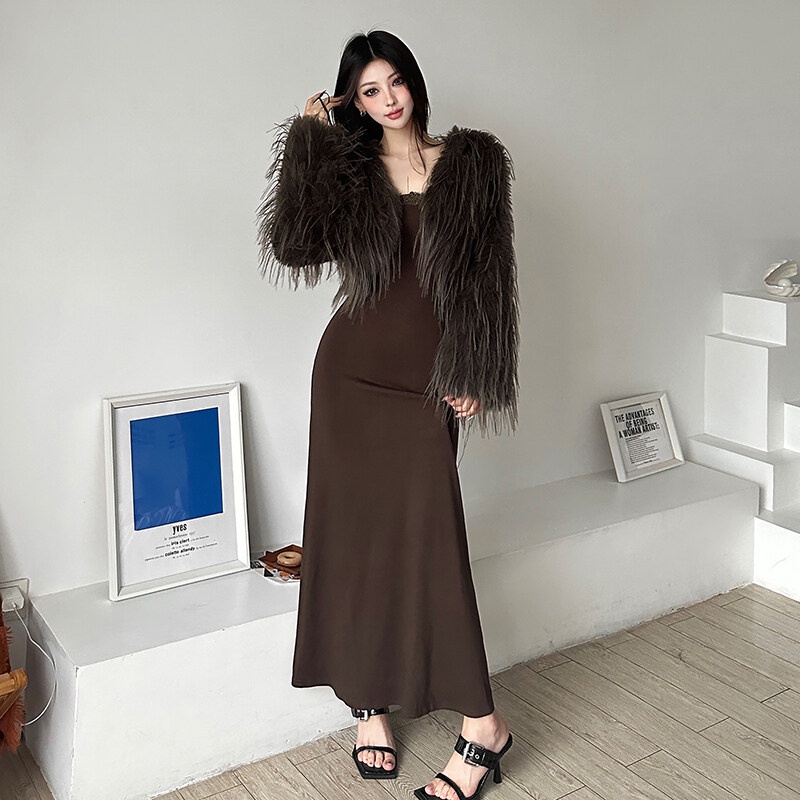 Kliou Set Đầm Dây Sát Nách + Áo Khoác Lông Nhung Tay Dài Phong Cách vintage Thanh Lịch Sang Trọng Dành Cho Nữ
