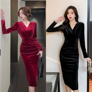 Mới Đầm Nhung Dáng Dài Cổ v Xẻ Tà Màu Trơn Phối Khóa Kéo Cá Tính Màu Sắc