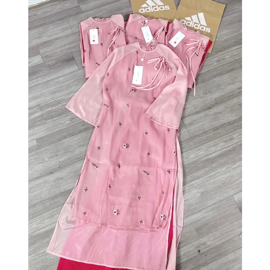 S38 - SET ÁO DÀI NỮ HỒNG CÚC VAI THÊU HOA