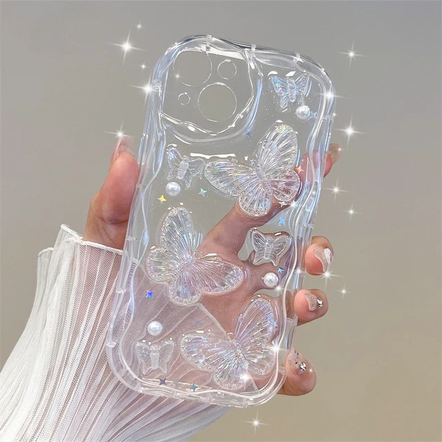 Ốp Điện Thoại Tpu Trong Suốt Bướm 3d Kim Tuyến Ngọc Trai Lấp Lánh Cho iphone 15 14 plus 13 12 11 pro max x xr xs max