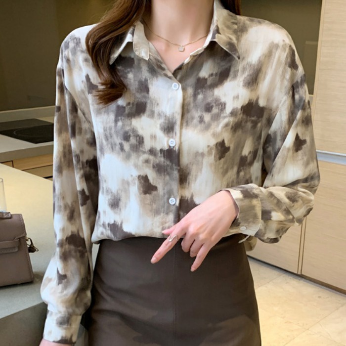 Áo Sơ Mi Tay Dài In Họa Tiết Mực Thời Trang hong kong Cho Nữ