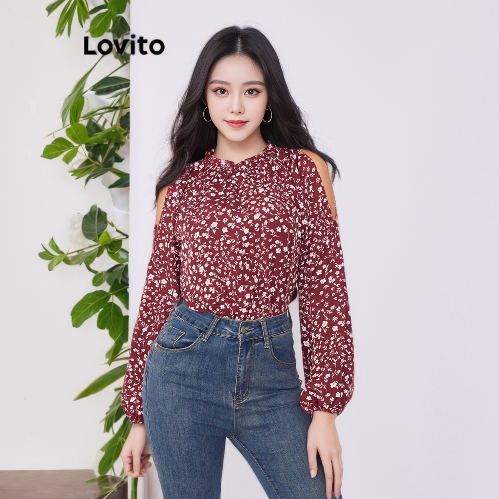 Áo kiểu Lovito họa tiết hoa nhí hở vai viền nhún bèo phong cách thường ngày thời trang cho nữ LBE02095 (Đỏ tía)