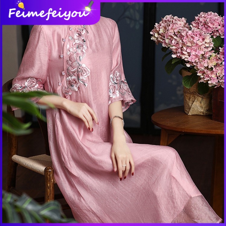 : Đầm qipao Cổ Cao Thêu Họa Tiết Hoàng Cung Trung Hoa Cổ Điển Mới Cho Nữ