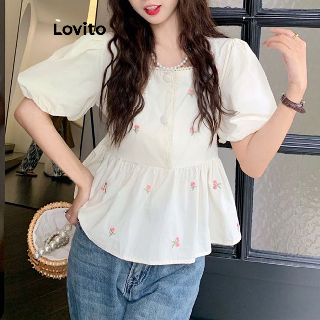 Áo kiểu Lovito tay phồng cổ xếp nếp lai bèo xếp nếp đính nút hoa nhí dễ thương cho nữ L73AD004 | BigBuy360 - bigbuy360.vn
