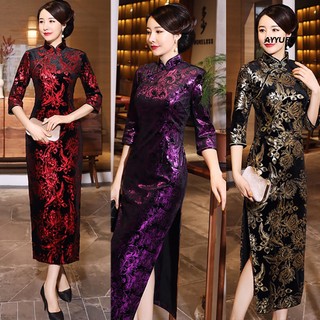 Đầm Sườn Xám Cách Tân Tay 3 / 4 In Họa Tiết Hoa Phong Cách Trung Quốc Cho Nữ