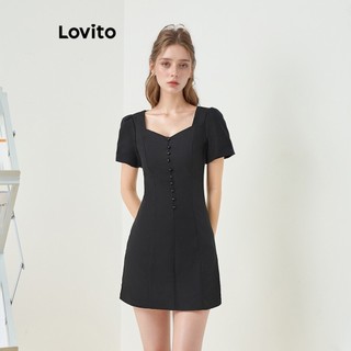 Đầm Lovito tay phồng cài nút phía trước màu trơn phong cách thường ngày cho nữ L83ED344