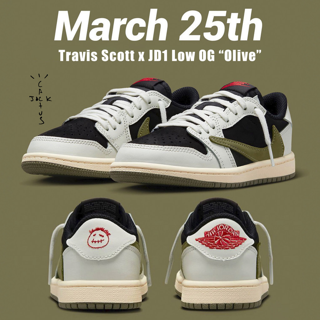 Giày Thể Thao Travis Scott X JD1 Low 'Olive' Màu Trắng Kem Đen Clever Man Store