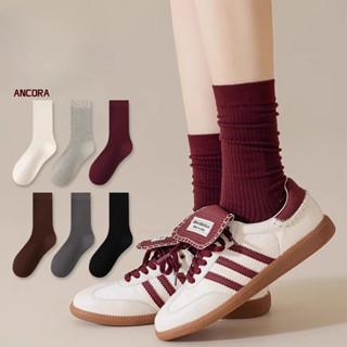 Ancola Đỏ Tất Nữ Cotton Nguyên Chất Giữa Ống Tất Sọc Dọc Phiên Bản Hàn Quốc Ins Hợp Thời Trang Rượu Vang Đỏ Tất Có Bố Giày Loafers