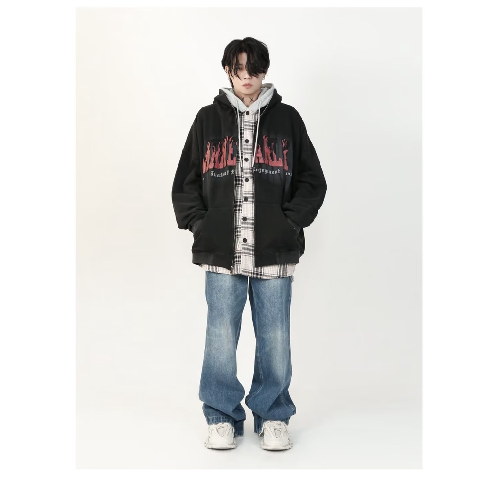 Áo hoodie Dáng Rộng Có Khóa Kéo Phong Cách Hàn Quốc plus size m-8xl