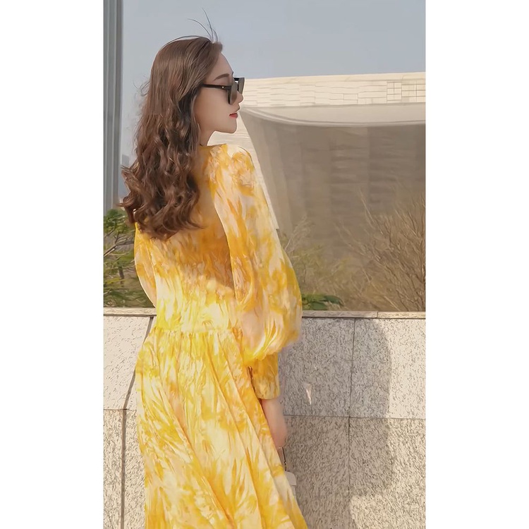 Đầm Dài In Họa Tiết Hoa Vàng Phong Cách Pháp Thời Trang Mùa Xuân Mới 2023