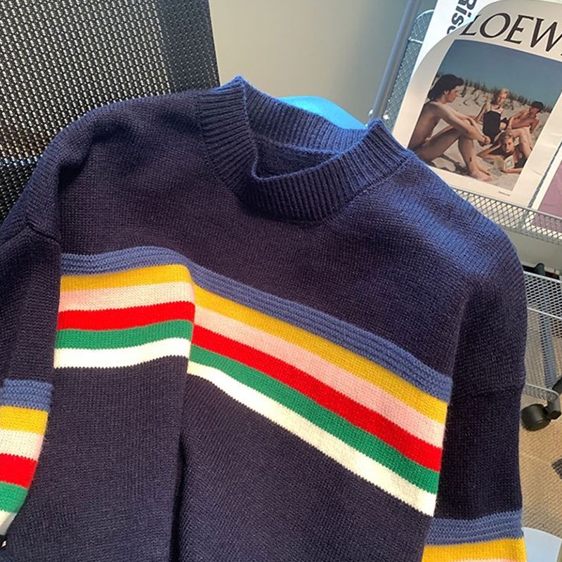 Áo sweater ASRV dệt kim kẻ sọc cầu vồng đơn giản thời trang thu đông cho nam