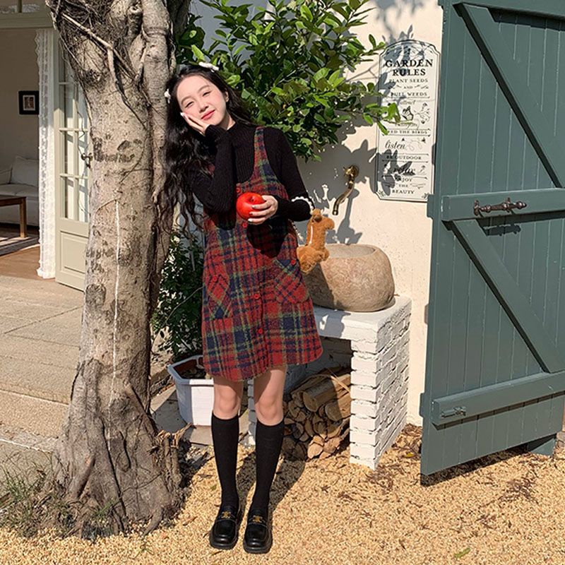 Đầm Yếm Len Sọc Ca Rô Dáng Rộng Thời Trang retro Cho Nữ