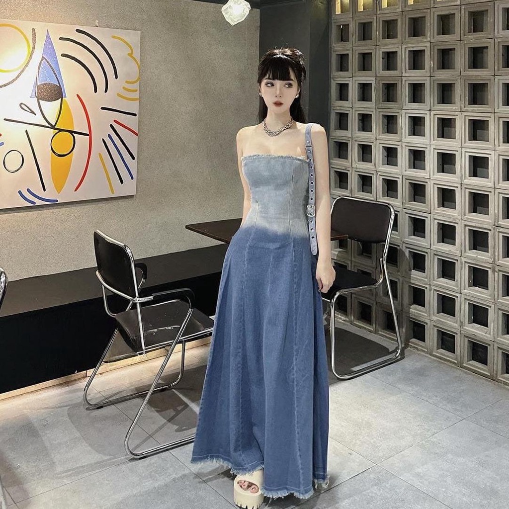 M649 - Đầm ống denim loang màu dáng dài, đầm midi jeans loang màu viền tua rua