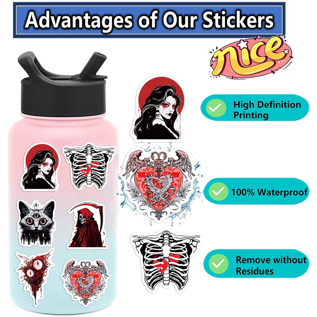 Bộ 50 Miếng Dán Trang Trí Mũ Bảo Hiểm / Bút Chì Họa Tiết Bộ Xương Phong Cách gothic Chống Thấm Nước Độc Đáo