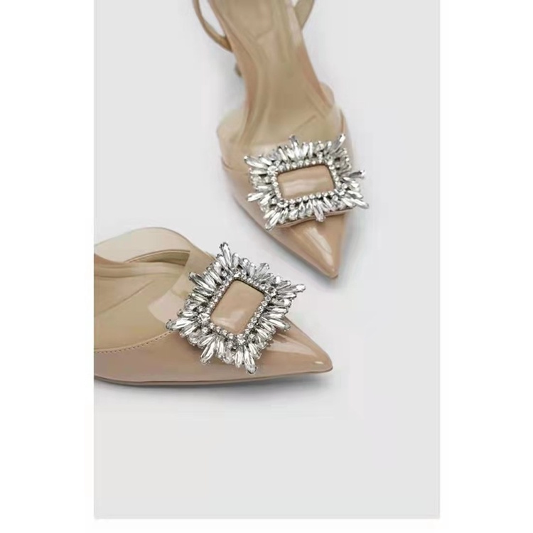 Giày Cao Gót Mũi Vuông Đính Đá Phối Khóa Gài Sau Lưng Thời Trang Sang Trọng Cho Nữ