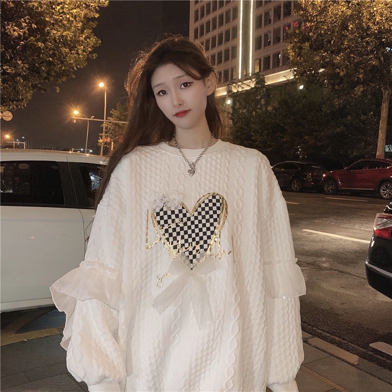 Uiowoo Áo Khoác sweater Tay Dài Dáng Rộng In Hình Trái Tim Phong Cách retro Thu Đông 2021 Cho Nữ