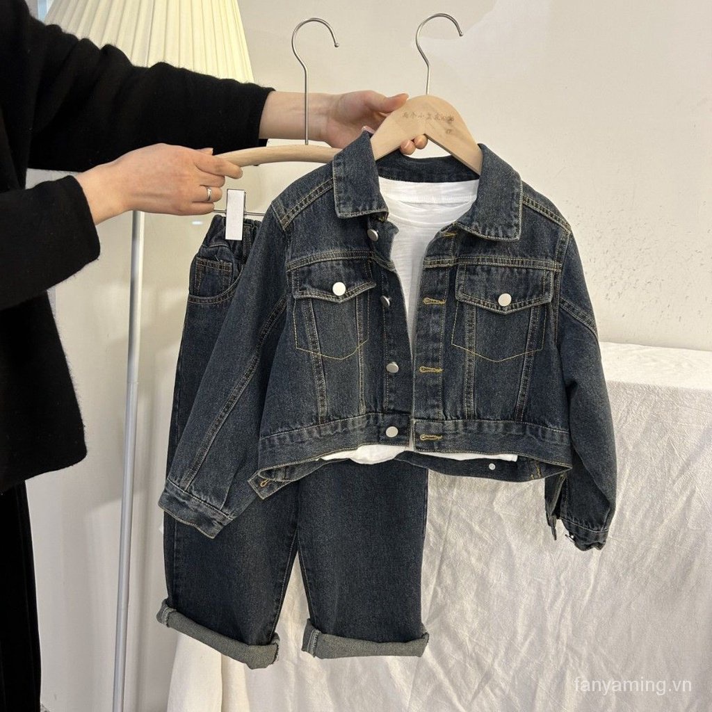 Bộ Áo Khoác jeans denim + Quần jeans Phong Cách Phương Tây Thời Trang Xuân Thu Cho Bé Gái xmyf
