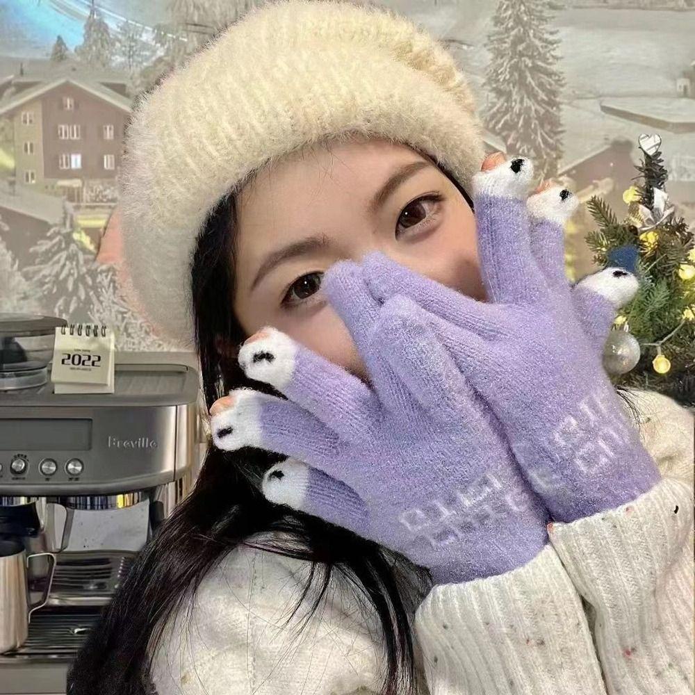 Găng tay SKJK dệt kim vải nhung mềm ấm áp chống gió hình gấu trúc/chữ/chạm được màn hình cảm ứng thời trang mùa đông