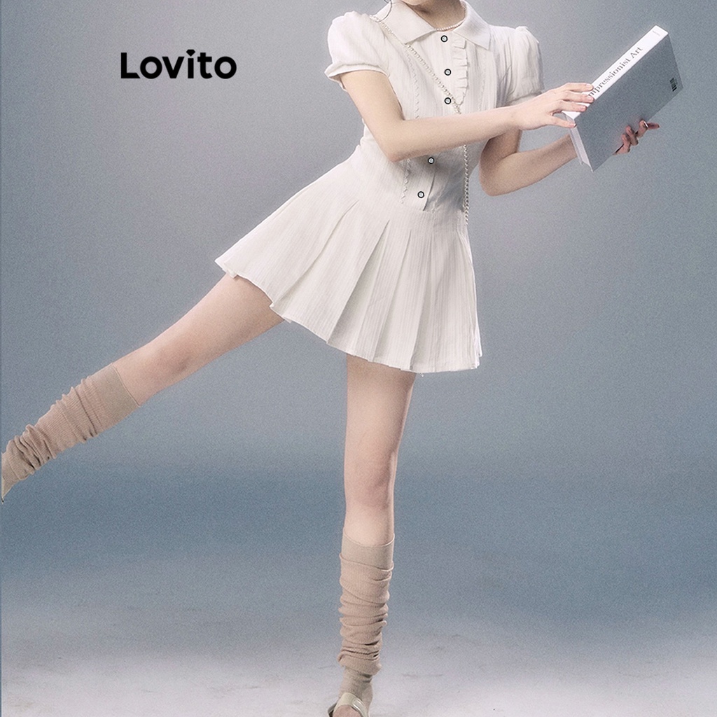 Đầm Lovito khóa kéo xếp ly phối nút màu trơn đáng yêu cho nữ LNE16133