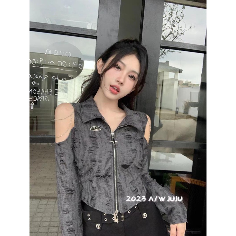 Áo Khoác cardigan Tay Dài Hở Vai Có Khóa Kéo Phong Cách Mới Mùa Thu 2023 Chải kfcy