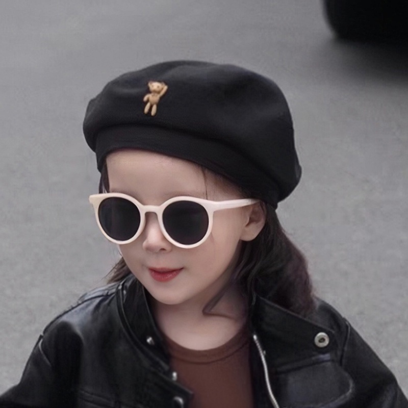 Mũ beret Màu Trơn In Họa Tiết Gấu Hoạt Hình Phong Cách Hàn Quốc Cho Bé Gái