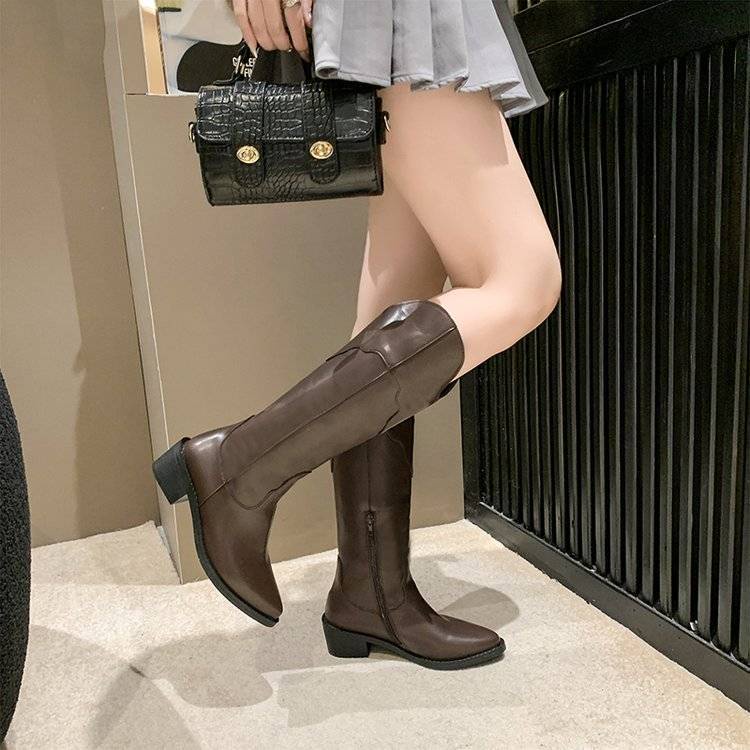 Giày Bốt Cao Bồi Mũi Nhọn Gót Dày Có Khóa Kéo Phía Sau size Lớn 35-42 Cho Nữ