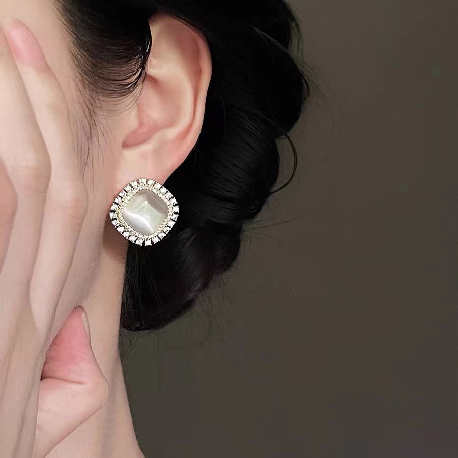Bông Tai Mạ Bạc 925 Đính Đá Mắt Mèo Phong Cách Hàn Quốc