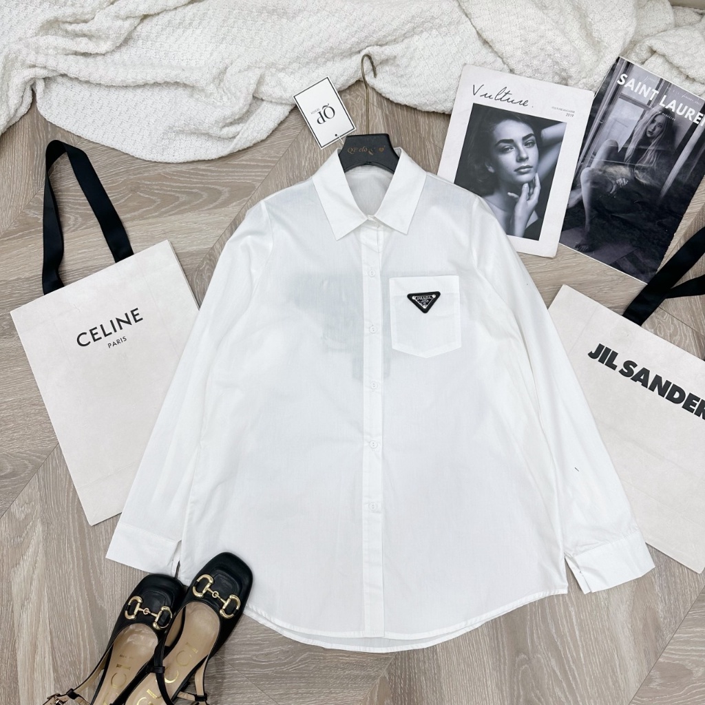 Áo Sơ Mi Nữ, Thêu Chữ Prad Milano Lưng, Form Rộng, Chất Thô Nhuyễn, Mịn Mát, T14090