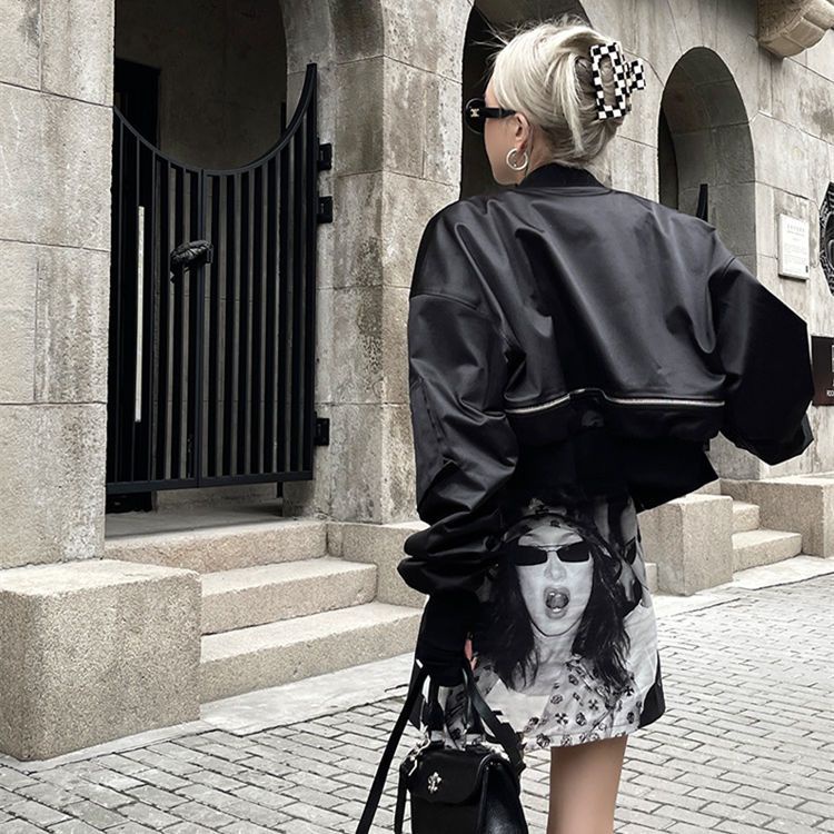 Đen Áo Khoác Bóng Chày Tay Dài Dáng Rộng Có Khóa Kéo Thời Trang Mùa Thu 2023 Cho Nữ