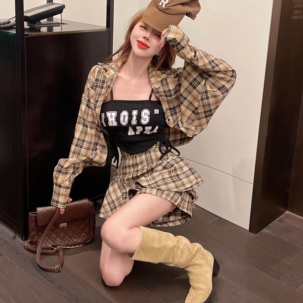 Set Áo Sơ Mi + Áo Khoác + Chân Váy + Áo Hai Dây Họa Tiết Kẻ Sọc Thời Trang Mùa Xuân Mới Cho Nữ