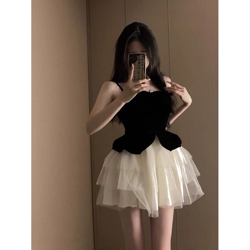 Set Áo 2 Dây Nhung Mix Chân Váy Lưới Hàng 2 Lớp Siêu Xinh Kèm Ảnh Thật