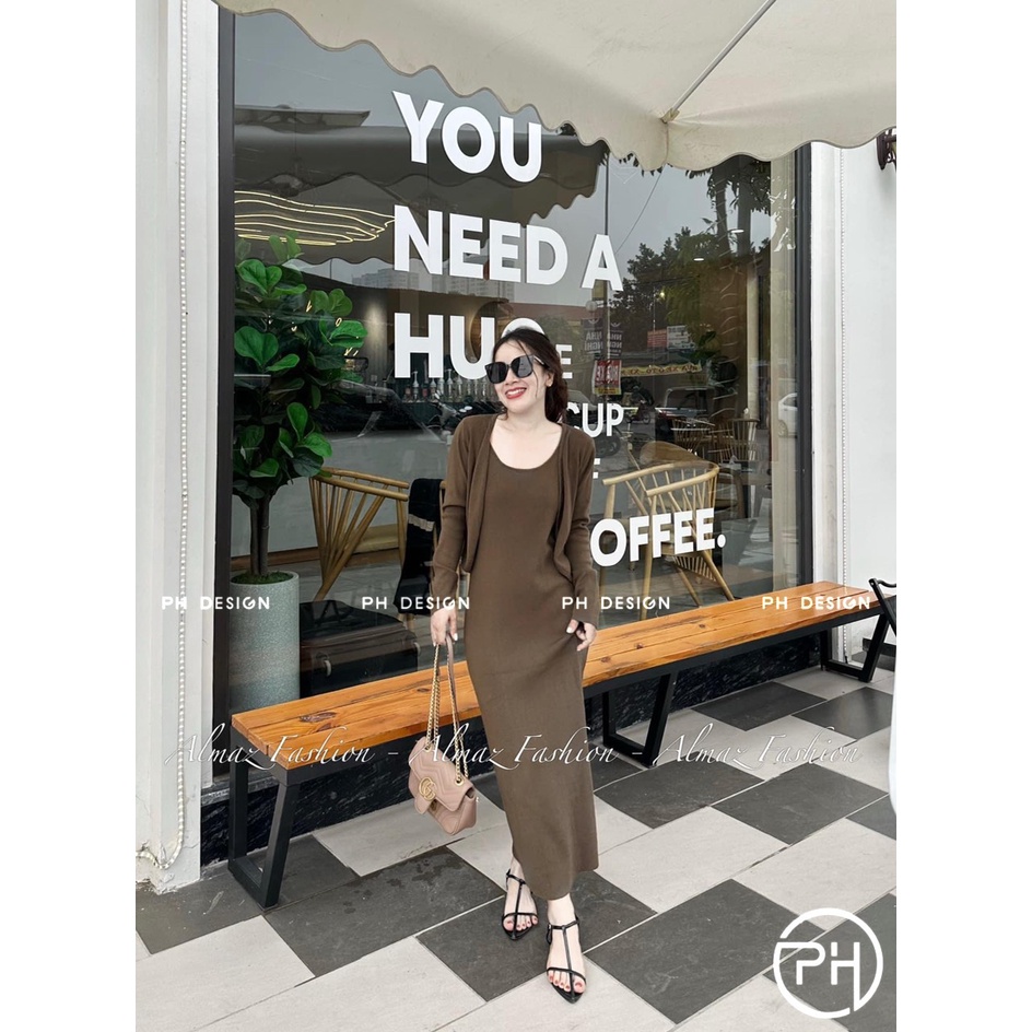 Set váy len 2 dây kèm áo cardigan chất siêu đẹp hàng QC