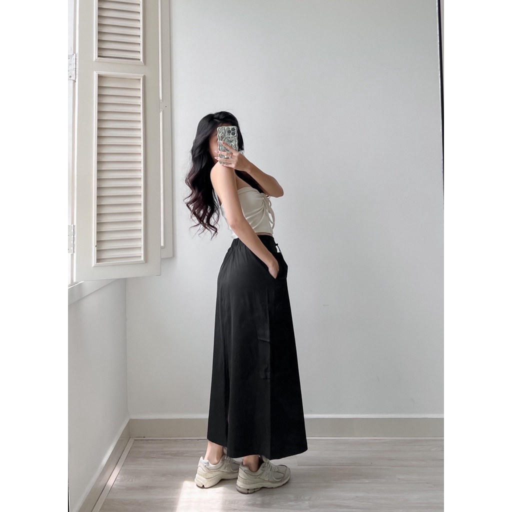 AIORI - Váy Dài Nữ KaKi Túi Hộp Lưng Thun Co Giãn Có Dây Siết Eo Mã V010