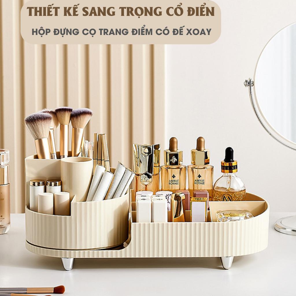 Khay Hộp Đựng Đồ Trang Điểm Để Bàn Đa Năng Có Ngăn Xoay 360 Độ, Nhiều Ngăn Đựng Màu Sắc Sang Trọng