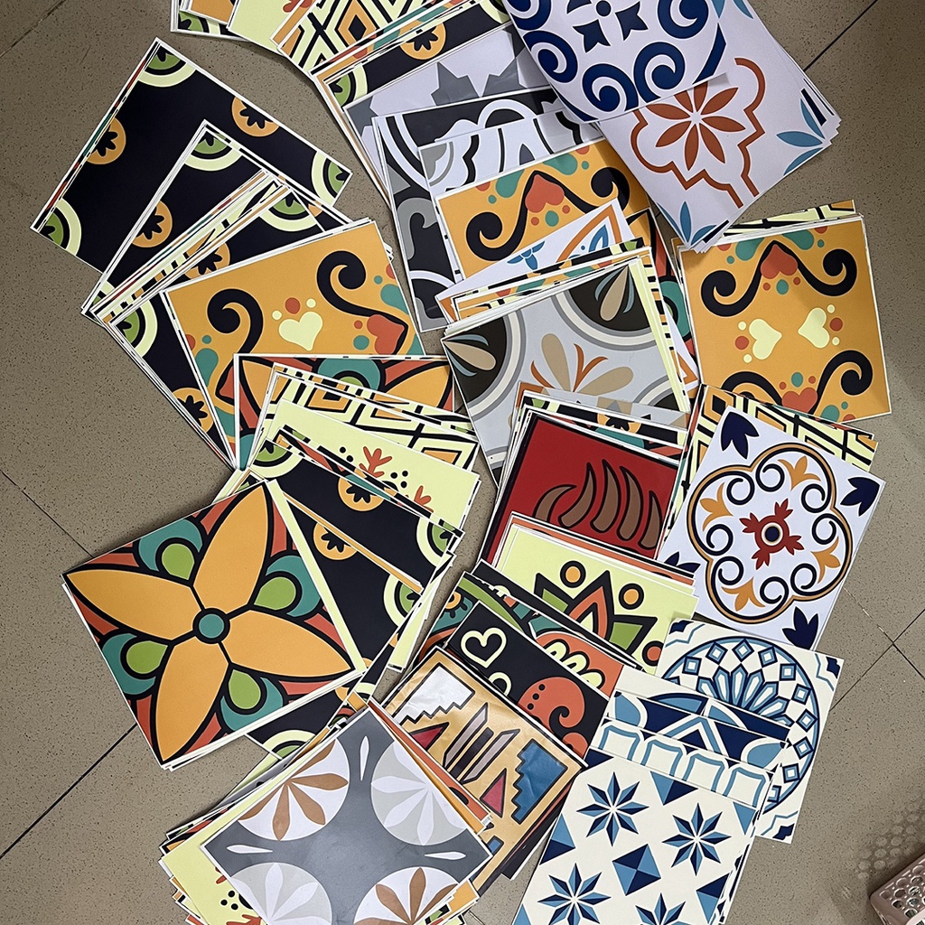 Decal gạch bông ô lẻ hình lục giác hình vuông decor nhà cửa chống nước