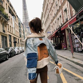 Áo Khoác denim Lót Nhung Lông Cừu Dày Dặn Phong Cách Châu Âu Cho Nữ